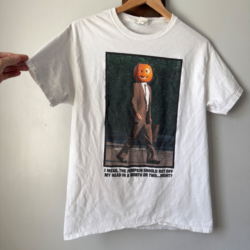 Halloween Pumpkin Head Corporate Office Humor Meme Graphic T Shirt White Mens M